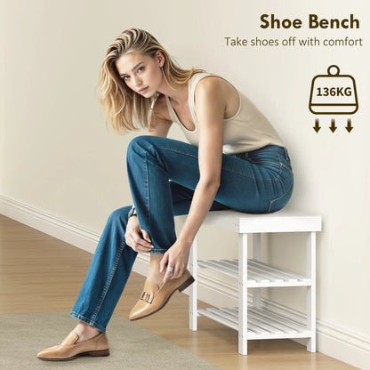 Bamboo Shoe Storage Bench, 3-Tier, 2 Shelves, Holds 6 Pairs, White
