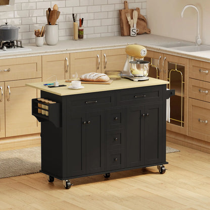 55" Kitchen Island Cart With Power Outlet, Drop Leaf, Storage, Black Kitchen Islands & Kitchen Carts at Gallery Canada