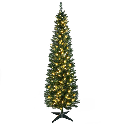 7' Pre Lit Artificial Pencil Christmas Tree, Warm White LED Lights, Green