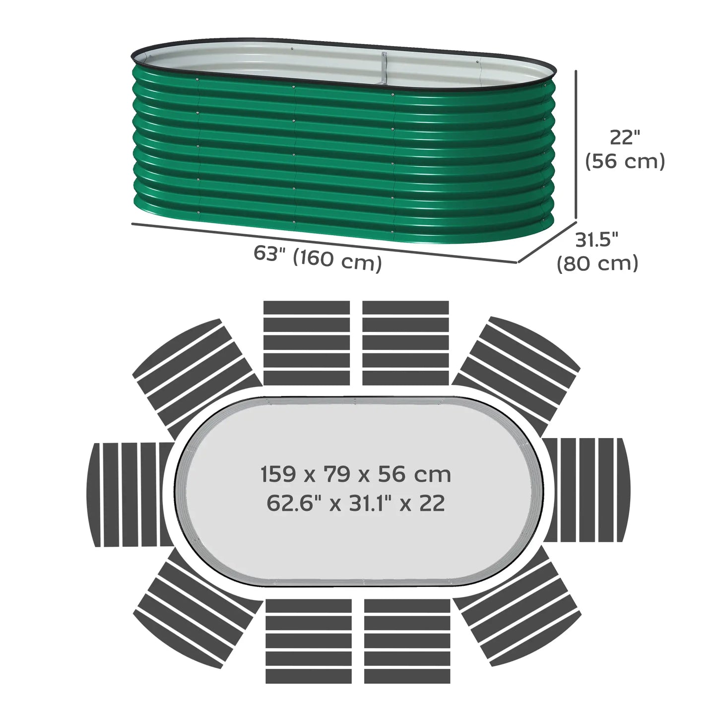 Galvanized Raised Garden Bed, 5 x 2.5 x 2 ft, Oval Planter Box, Dark Green