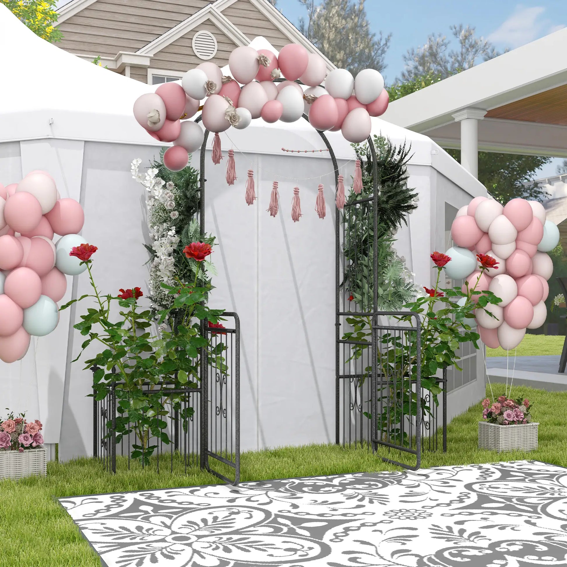 7.2FT Metal Garden Arbor, Double Doors, 2 Side Baskets, Black Garden Arches at Gallery Canada