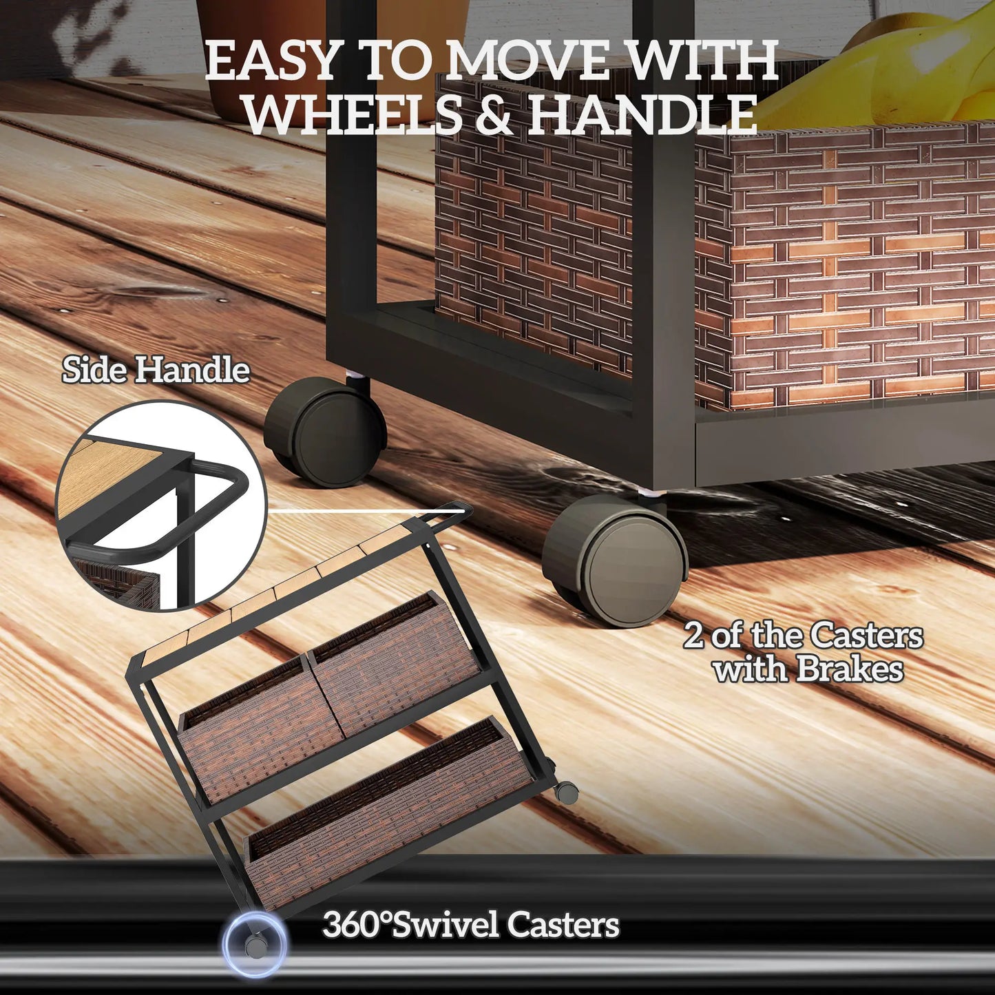 Outdoor Bar Cart, 3-Tier Rolling Cart With Removable Rattan Basket, Mixed-Brown Outdoor Grill Carts at Gallery Canada