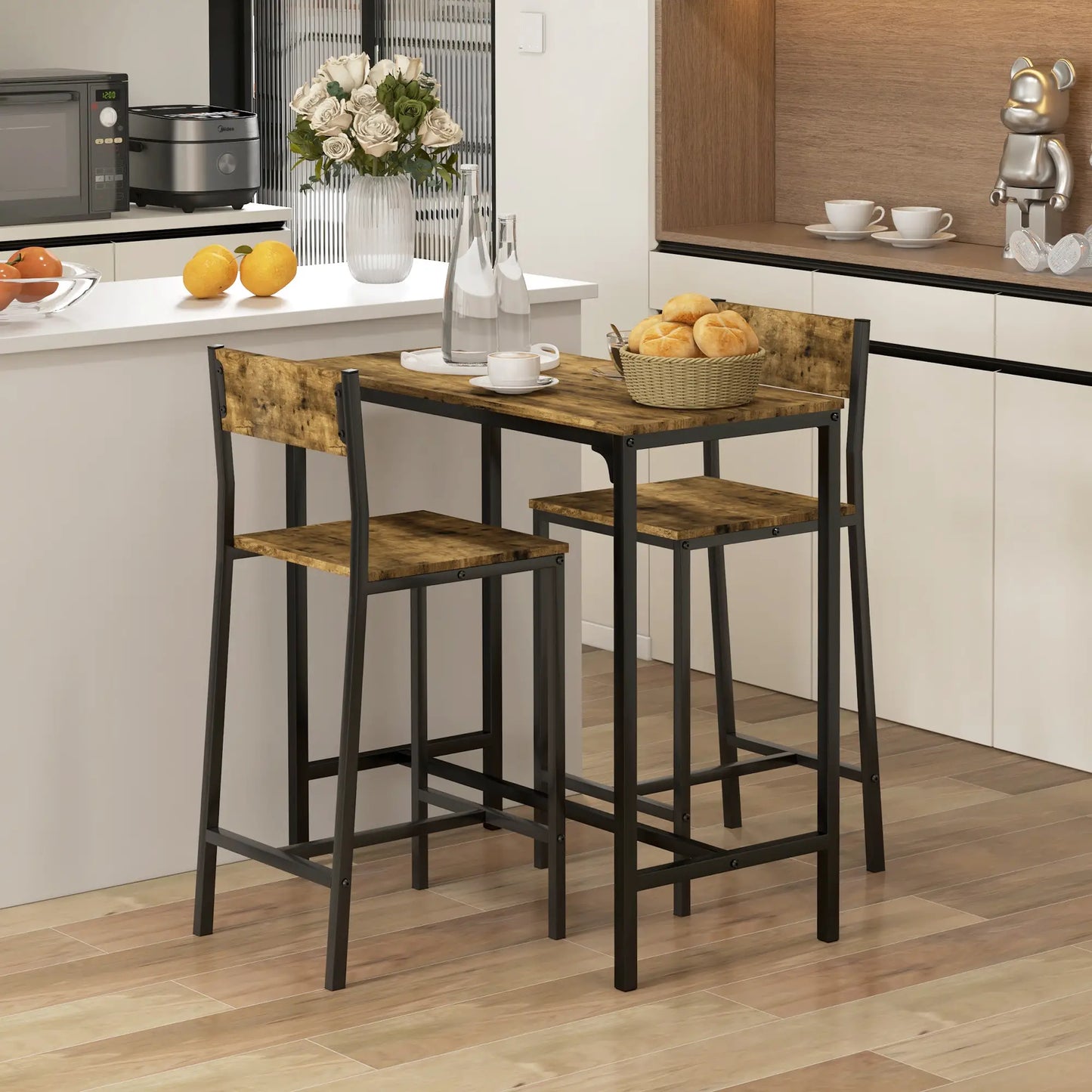 Industrial Bar Table Set, 3 Piece, 2 High Back Stools, Rustic Brown Bar Sets at Gallery Canada