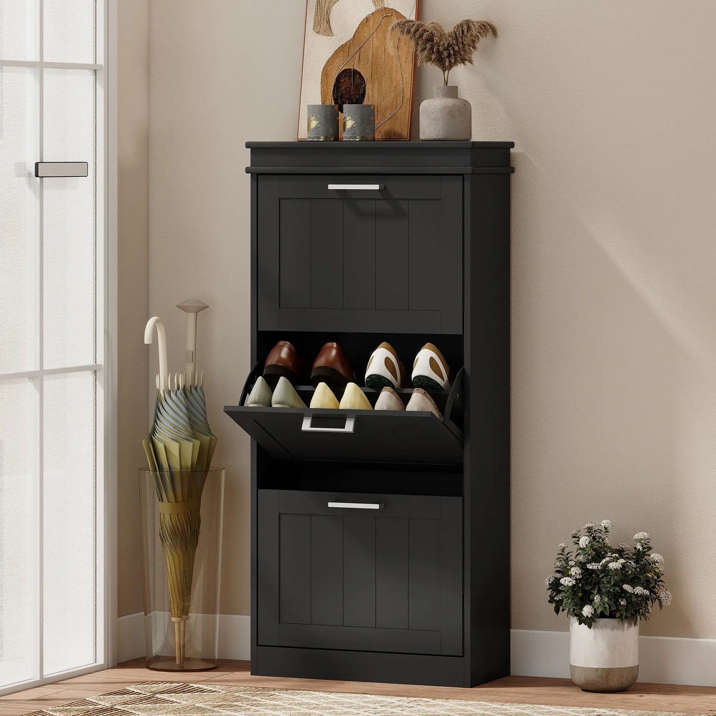 Slim Shoe Cabinet, 3 Flip Drawers, Adjustable Shelves, Holds 15 Pairs, Black Shoe Storage Cabinets & Racks at Gallery Canada