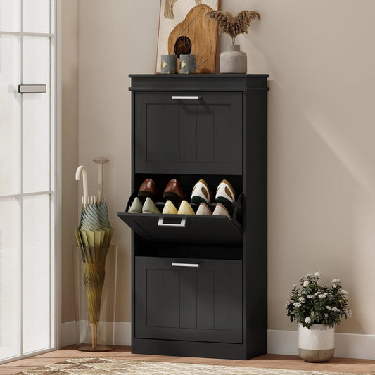 Slim Shoe Cabinet, 3 Flip Drawers, Adjustable Shelves, Holds 15 Pairs, Black Shoe Storage Cabinets & Racks Black at Gallery Canada