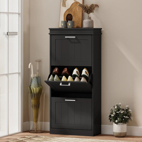 Slim Shoe Cabinet, 3 Flip Drawers, Adjustable Shelves, Holds 15 Pairs, Black