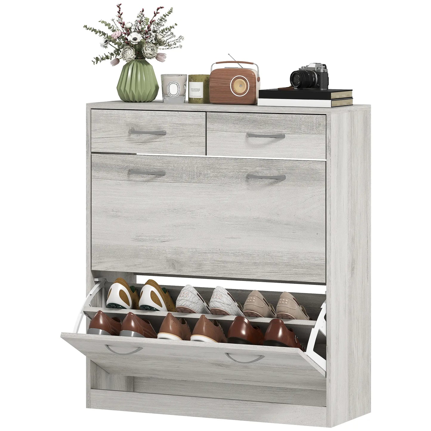 Rangement étroit pour chaussures, 2 tiroirs à rabat, étagères réglables, 12 paires, gris