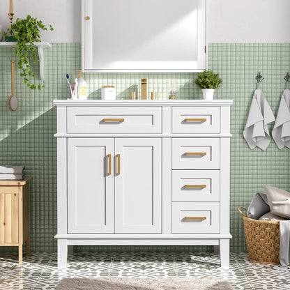 Bathroom Vanity with Ceramic Sink, Soft Close Doors, 4 Drawers, 36" L x 18.5" W x 35" H, White Sink Cabinets at Gallery Canada