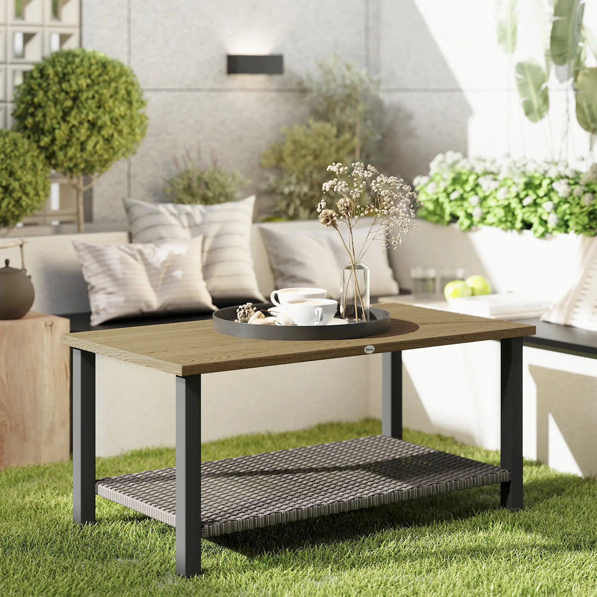 2-Tier Rectangle Outdoor Coffee Table, Wood-Effect Metal Top, Wicker Shelf, Brown Patio Side Tables at Gallery Canada