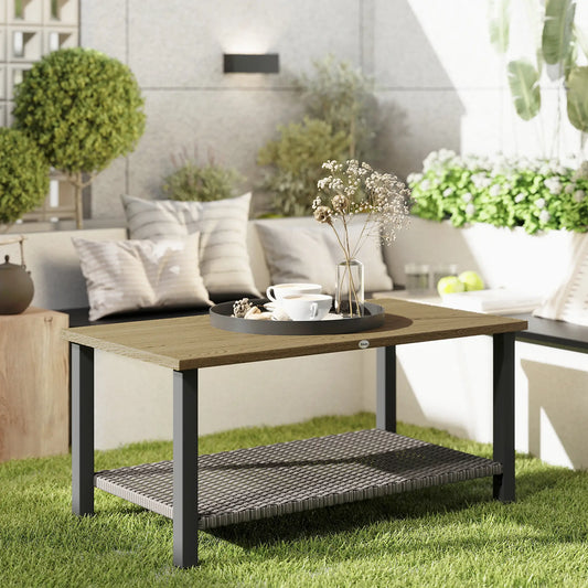 2-Tier Rectangle Outdoor Coffee Table, Wood-Effect Metal Top, Wicker Shelf, Brown Patio Side Tables Brown, Black at Gallery Canada