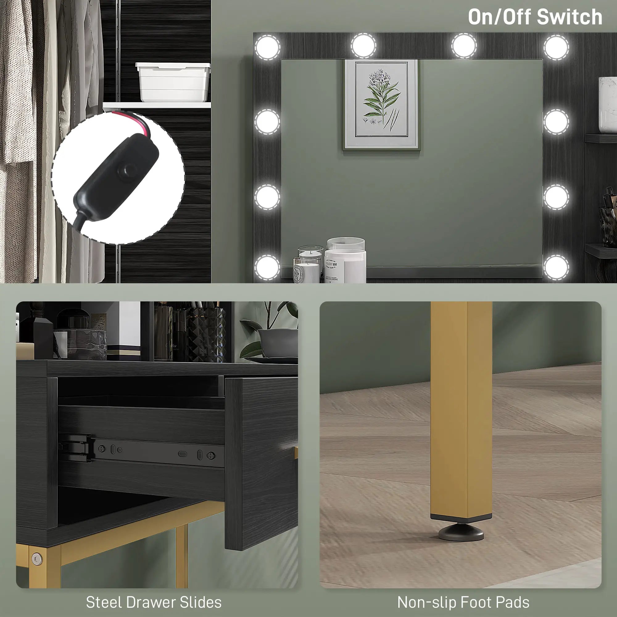 LED Vanity Table With Mirror, 3 Drawers, Black Dressing & Vanity Tables at Gallery Canada