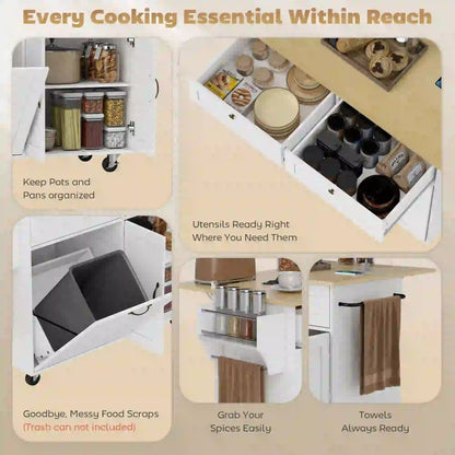 Kitchen Island Cart with Charging Station, Drop Leaf, Trash Can Cabinet, White Kitchen Islands & Kitchen Carts at Gallery Canada