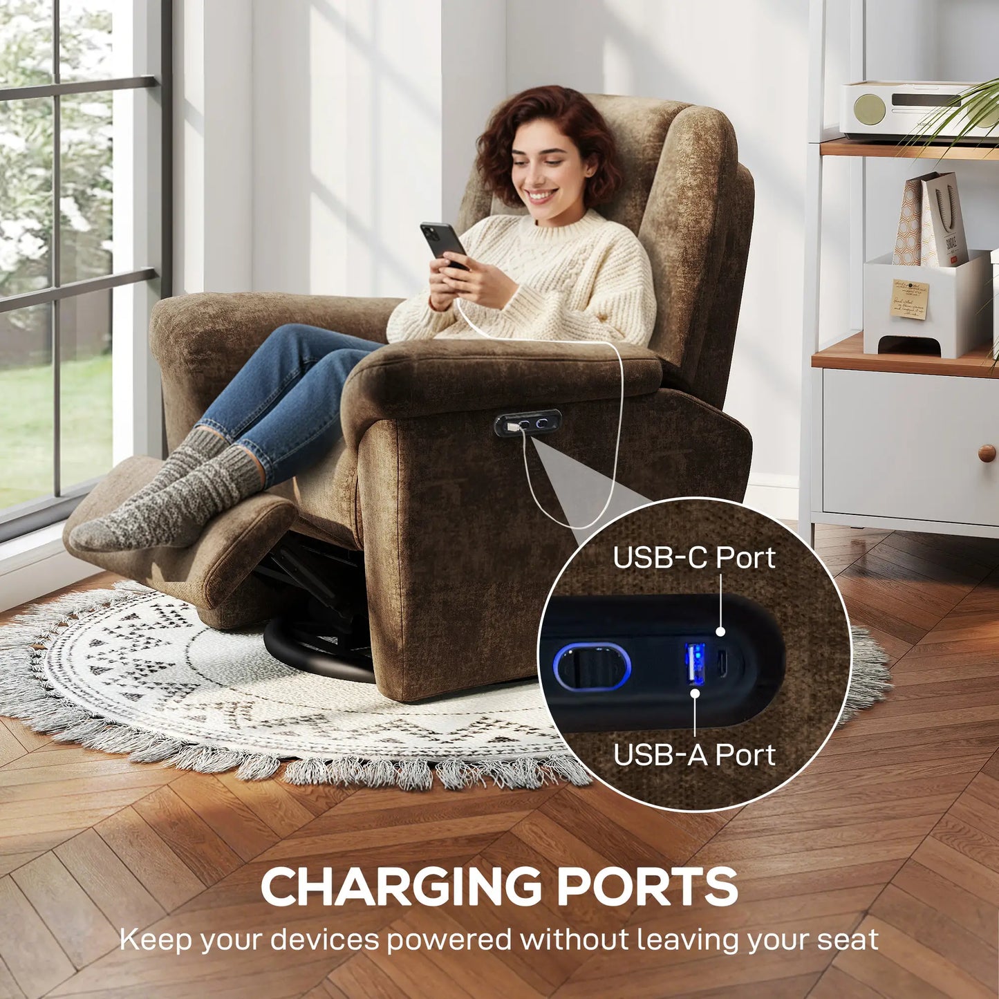 Fabric Recliner Chair, USB Ports, Swivel Rocking Footrest Sofas & Reclining Chairs at Gallery Canada
