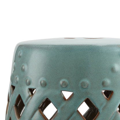 18" Ceramic Garden Stool, Woven Lattice Design, Indoor Outdoor, Blue Patio Chairs at Gallery Canada