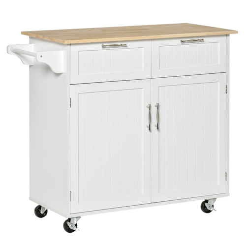 Rolling Kitchen Island with Drawers, Rubber Wood Top, Cabinet, White