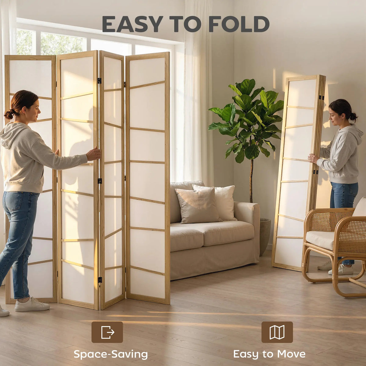 66.9" Folding Room Divider, 4 Panel Wood Frame, Natural Wood Room Dividers at Gallery Canada