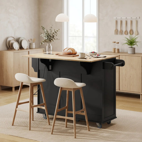 Kitchen Island On Wheels With Drop Leaf, Charging Station, Black