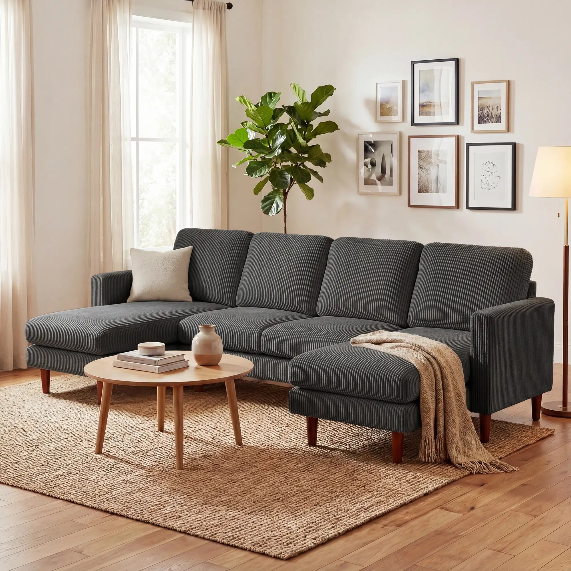 U Shaped Sectional Sofa, 2200lb Capacity, Corduroy, Double Chaise, Dark Grey 3-Seater Sofas at Gallery Canada