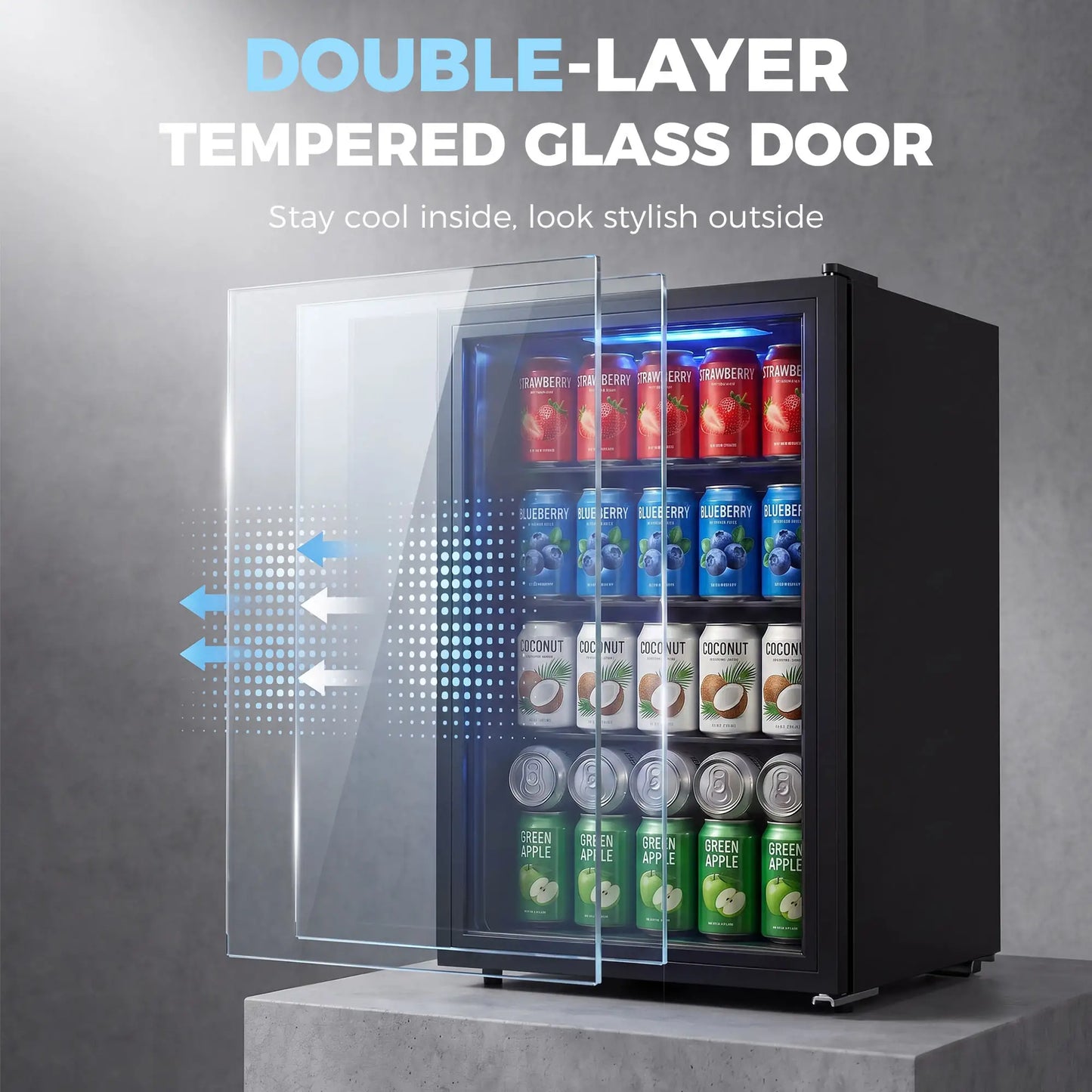 2.1 Cu.Ft Beverage Fridge, 85 Can, Glass Door, Auto-Defrost, LED, Black