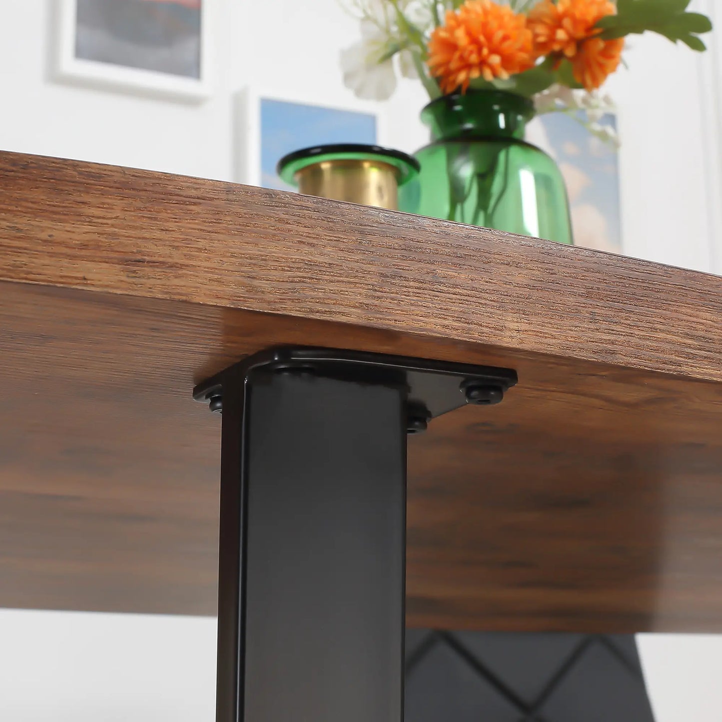 63" Industrial Dining Table, Wave-Edged Tabletop, Steel Legs, Rustic Brown, Brown Bar Tables & Dining Tables at Gallery Canada