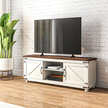 Farmhouse TV Stand for 65" TV, Barn Doors, Distressed White, White TV Stands at Gallery Canada