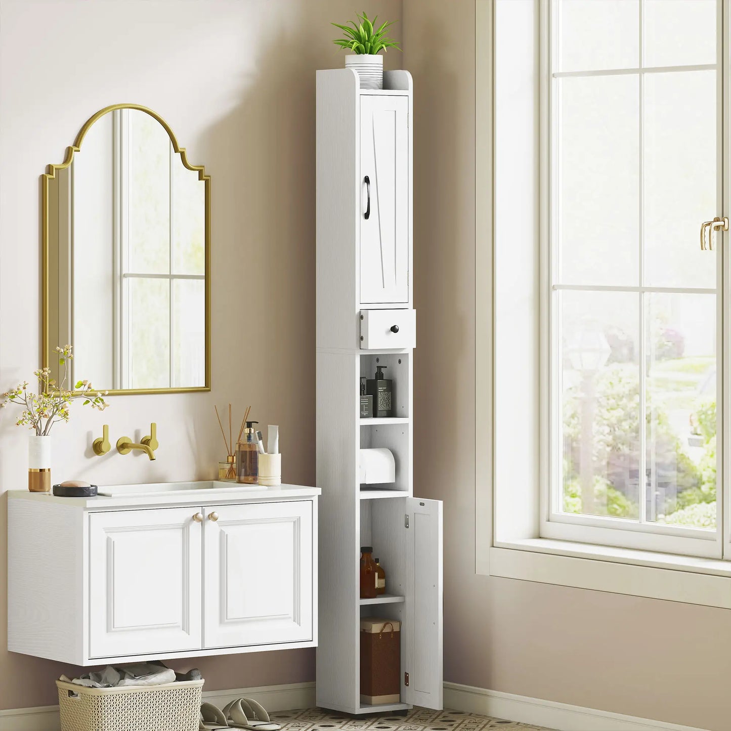 Narrow Bathroom Cabinet, Tall Storage with Barn Doors, Drawer, Adjustable Shelves, Wood Grain, White Bathroom Cabinets at Gallery Canada