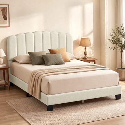 Queen Size Bed Frame, Adjustable Headboard, Linen-Feel Upholstered, Beige