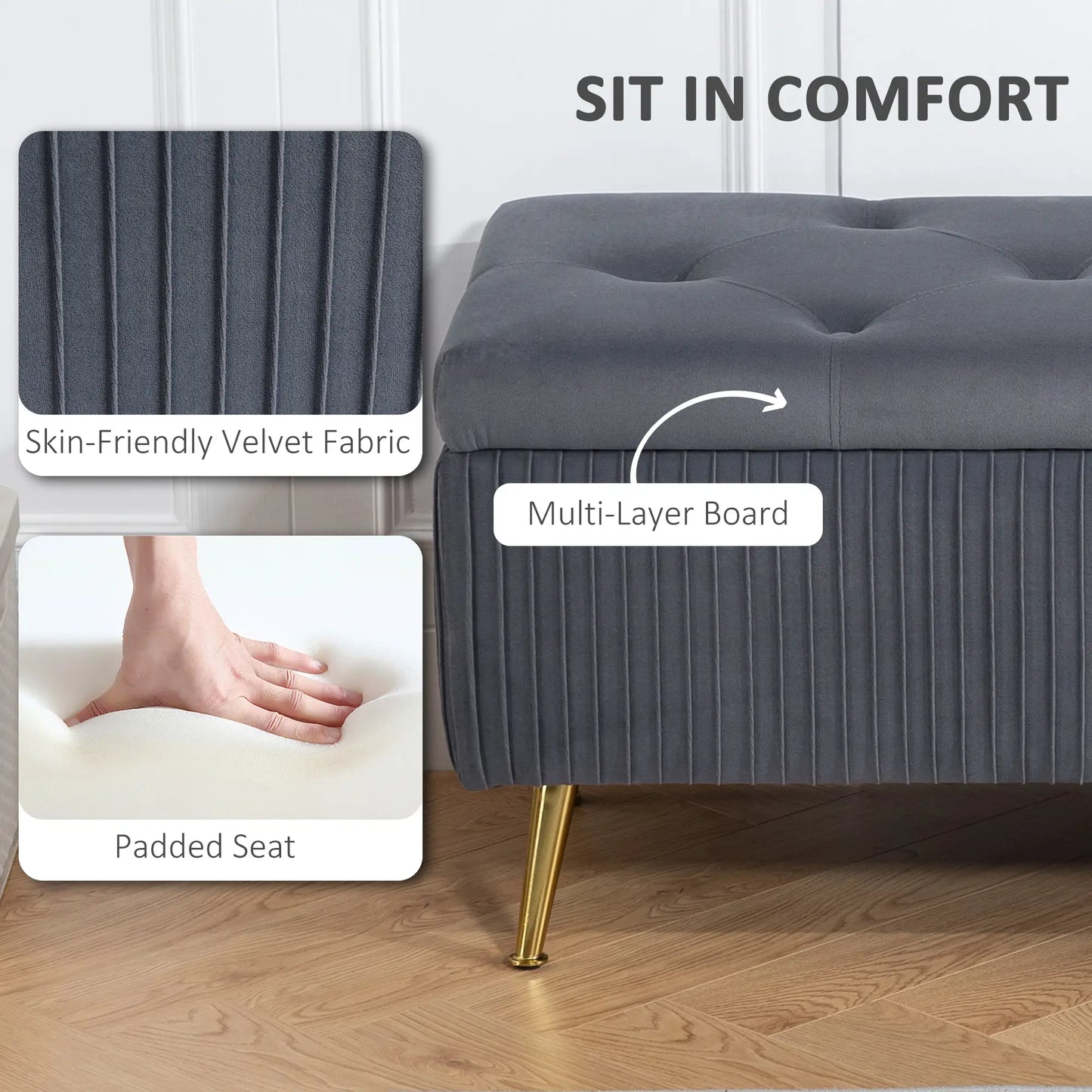 43 Inch Storage Ottoman Bench, Steel Legs, Padded Seat, Dark Grey Storage Ottomans & Benches at Gallery Canada