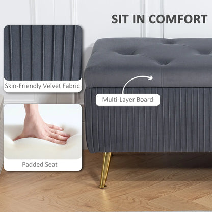 43 Inch Storage Ottoman Bench, Steel Legs, Padded Seat, Dark Grey Storage Ottomans & Benches at Gallery Canada