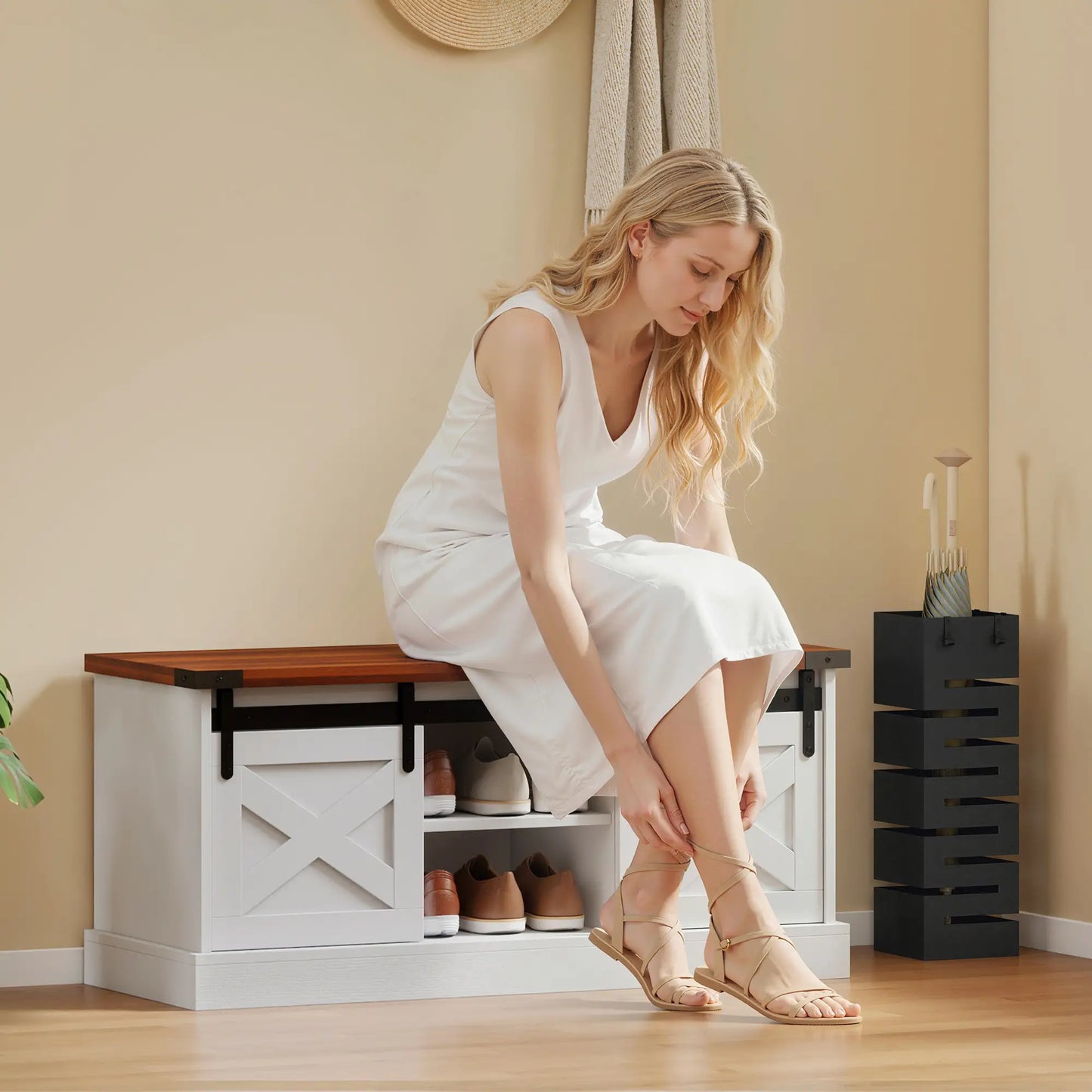 Coat Rack Shoe Bench Set, 2-Piece Hall Tree, White/Dk Walnut Shoe Storage Cabinets & Racks at Gallery Canada