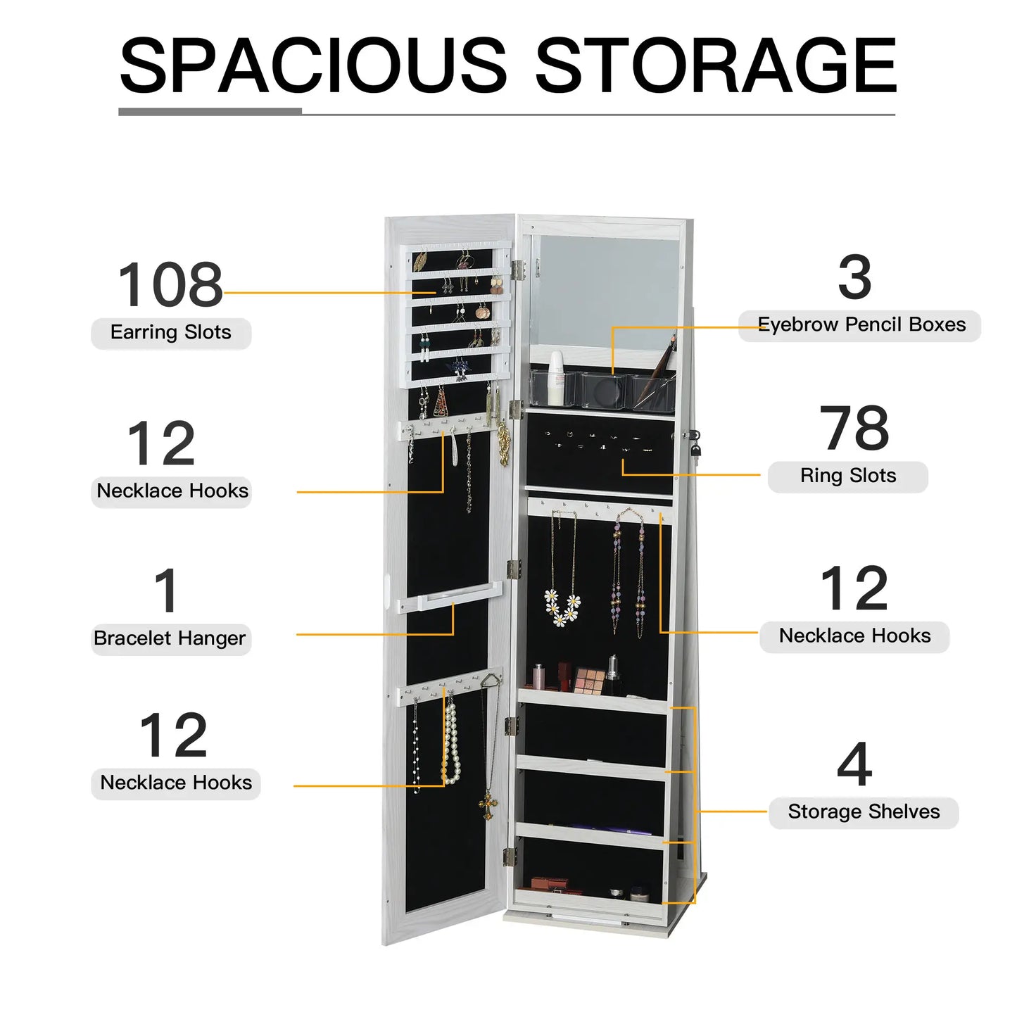 Mirror Jewelry Cabinet, Lockable Organizer with LED Lights, White Wood, White Jewelry Armoire & Jewellery Mirror Cabinets at Gallery Canada