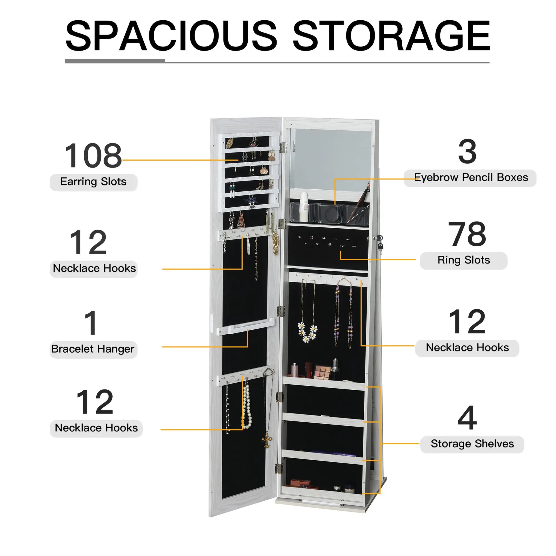Mirror Jewelry Cabinet, Lockable Organizer with LED Lights, White Wood, White Jewelry Armoire & Jewellery Mirror Cabinets at Gallery Canada