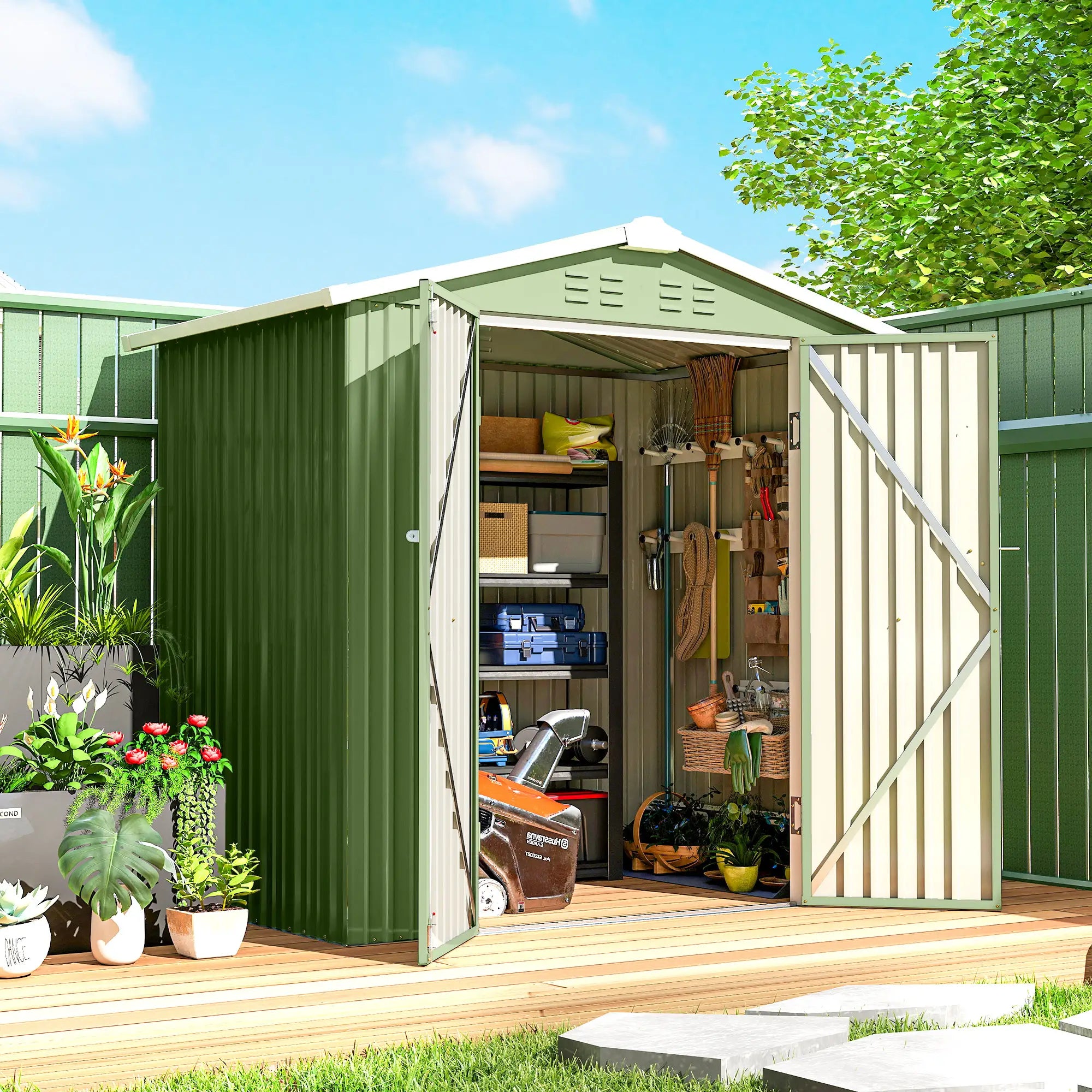6.5' X 4' Metal Garden Shed, Lockable Double Doors, 4 Vents, Light Green Sheds at Gallery Canada