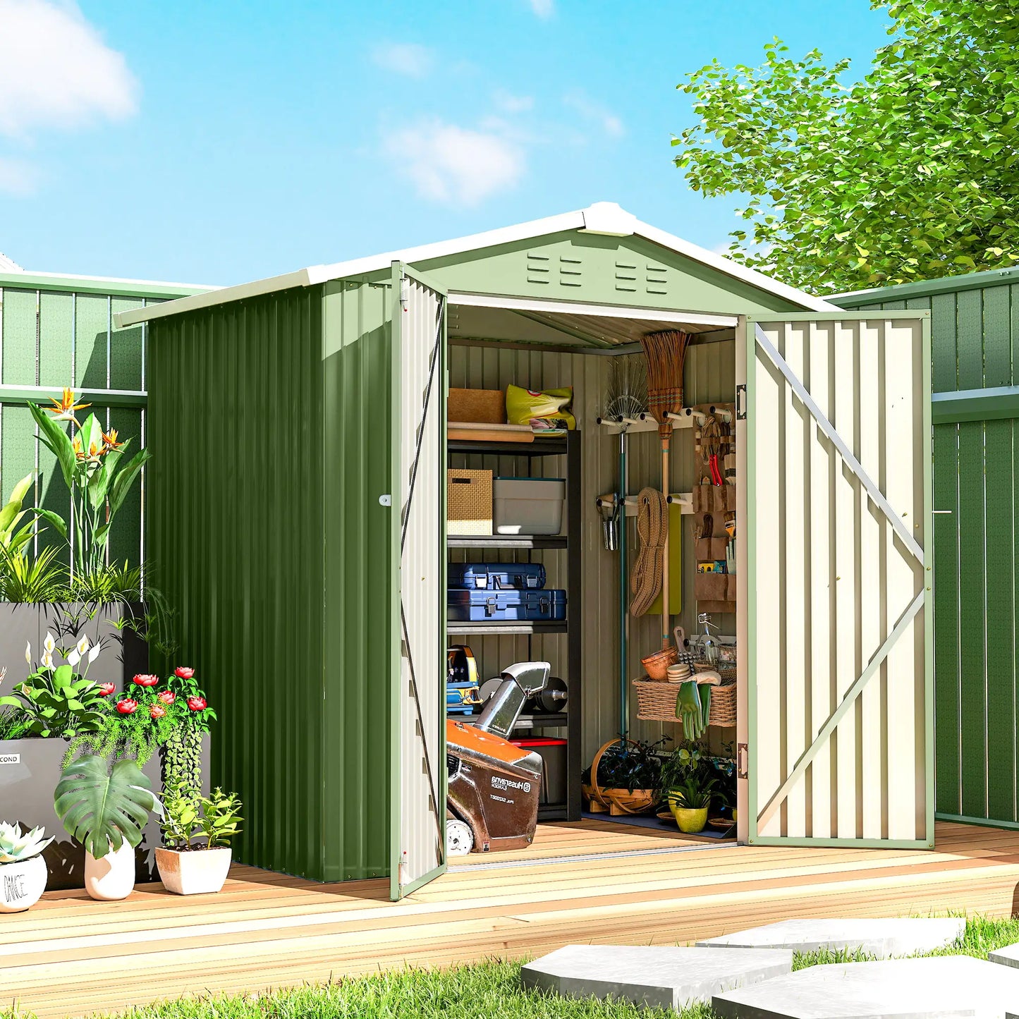 6.5' X 4' Metal Garden Shed, Lockable Double Doors, 4 Vents, Light Green Sheds at Gallery Canada