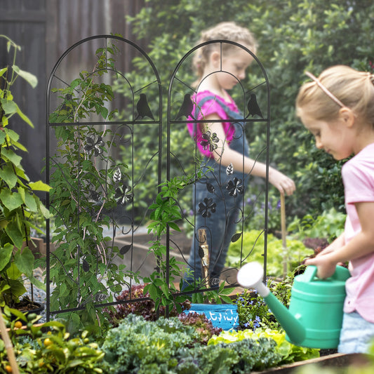 2 Pack Metal Garden Trellis, Birds and Leaves Grid Panels, 39" Tall Plant Stands Black at Gallery Canada