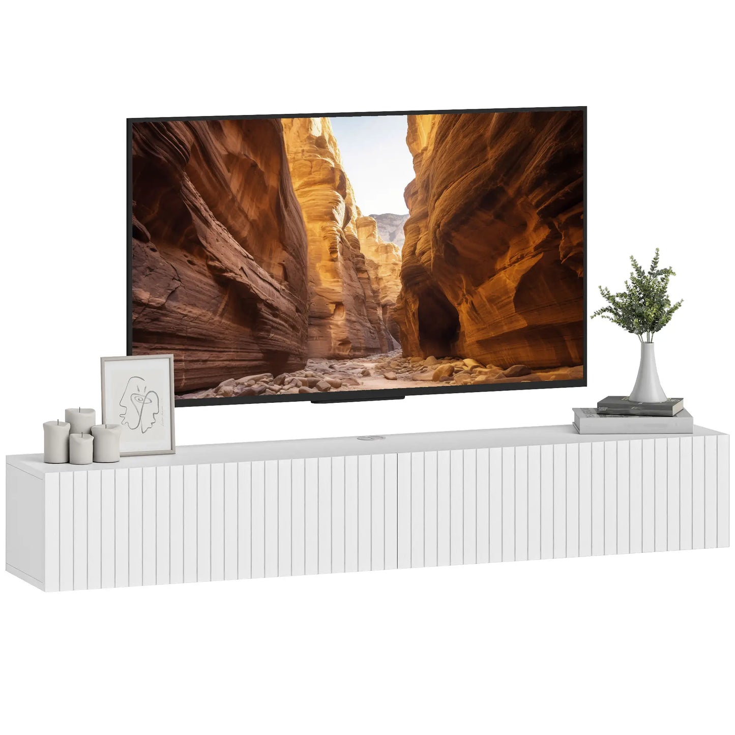 55 Inch Floating TV Stand, Wall Mount Media Console, 2 Fluted Doors, White TV Stands at Gallery Canada