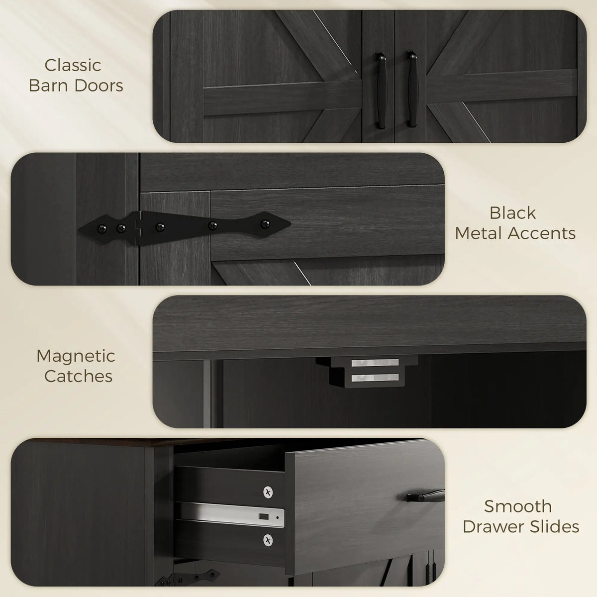 30" Farmhouse Sideboard, Black Buffet Cabinet, Barn Doors, Drawer, Black Storage Cabinets at Gallery Canada