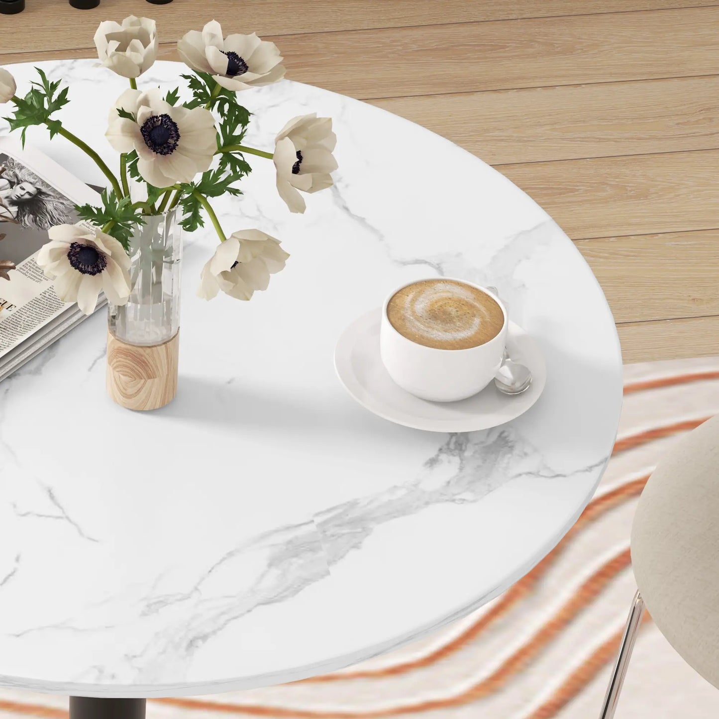 Modern Round Kitchen Table for 2, Steel Base, White Marble, White Dining Tables at Gallery Canada