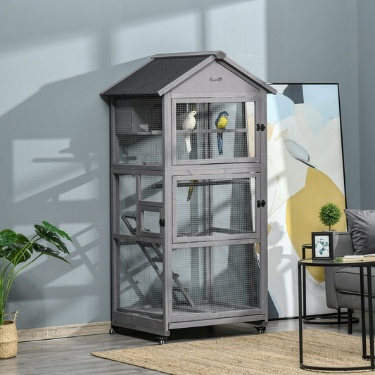 71" Bird Cage Large Mobile Wooden Aviary for Canary Cockatiel with Wheel Perch Nest Ladder Slide-out Tray for Indoor Outdoor Dark Grey - Gallery Canada