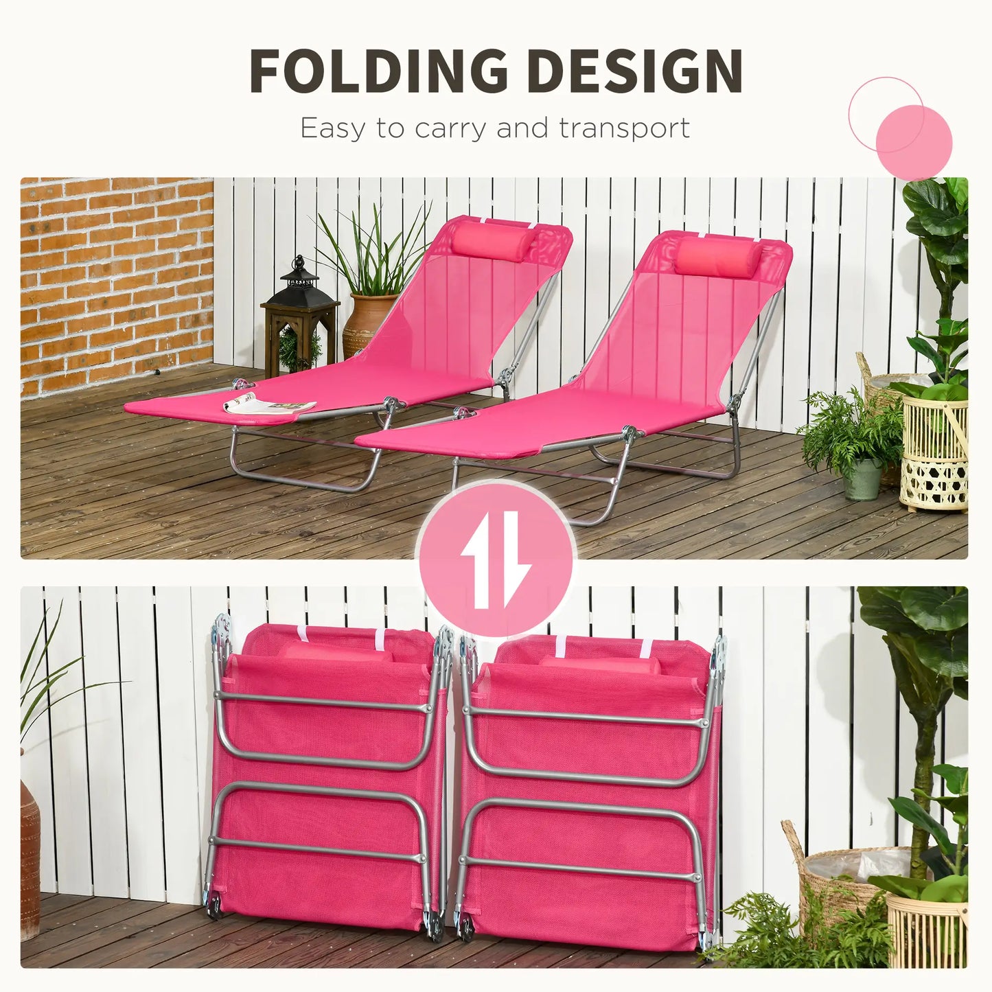 Set of 2 Folding Chaise Lounge Chairs, Outdoor, Reclining, Pink Lounger Chairs at Gallery Canada