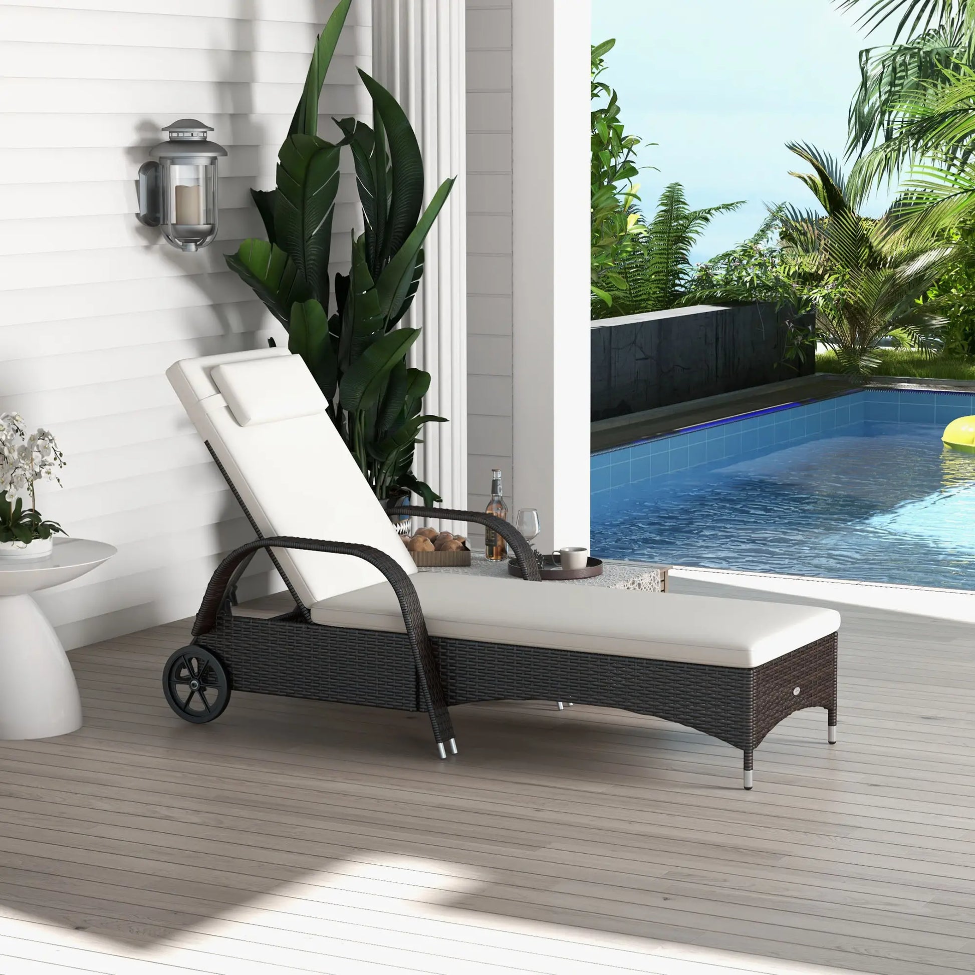 Wicker Chaise Lounge, Outdoor PE Rattan Sun Lounger, Adjustable Backrest, Mixed Brown Cream White, Brown Cream White Chaise Loungers at Gallery Canada