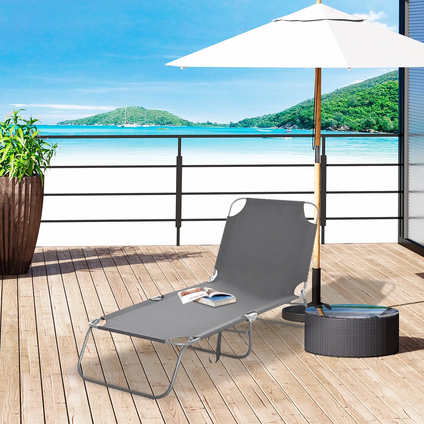 Folding Outdoor Lounge Chair, Reclining Beach Lounger, Breathable Mesh, Grey Lounger Chairs at Gallery Canada