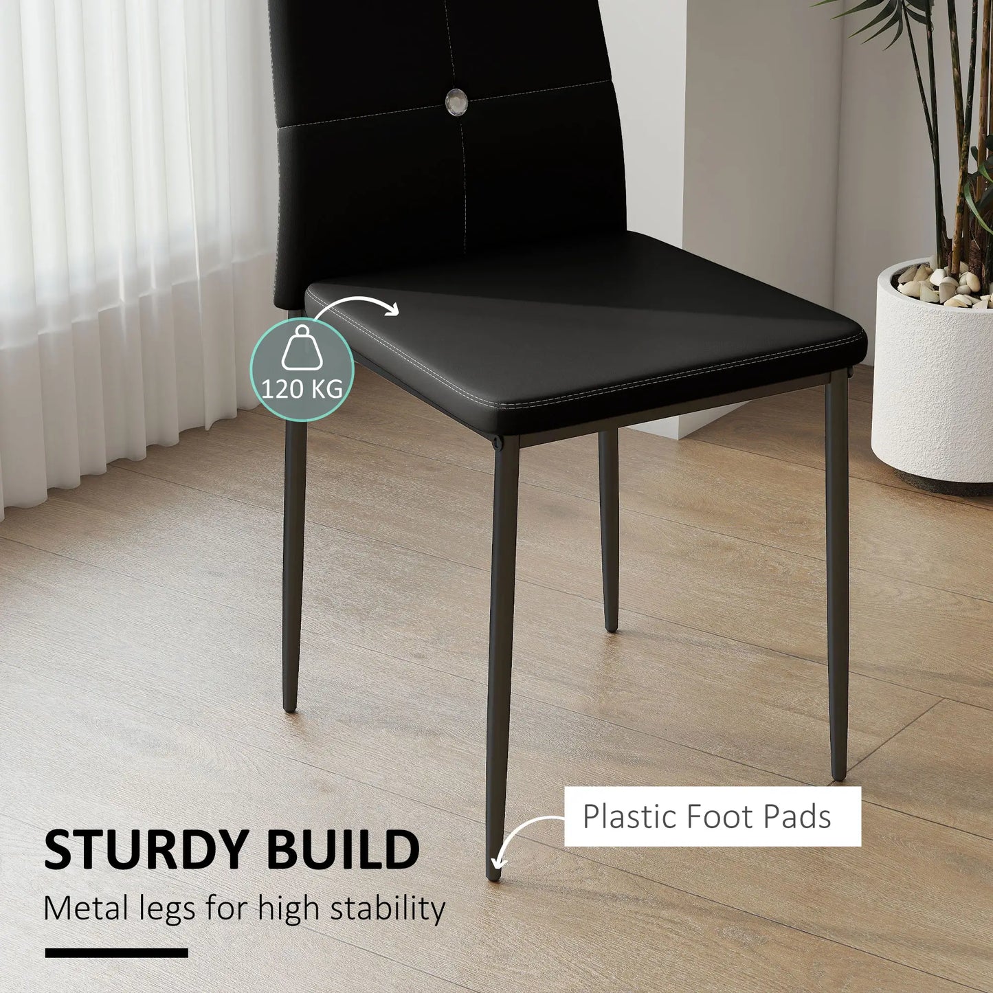 Set of 6 Button Tufted Side Chairs, Upholstered Seat, Steel Legs, Black Dining Chairs at Gallery Canada