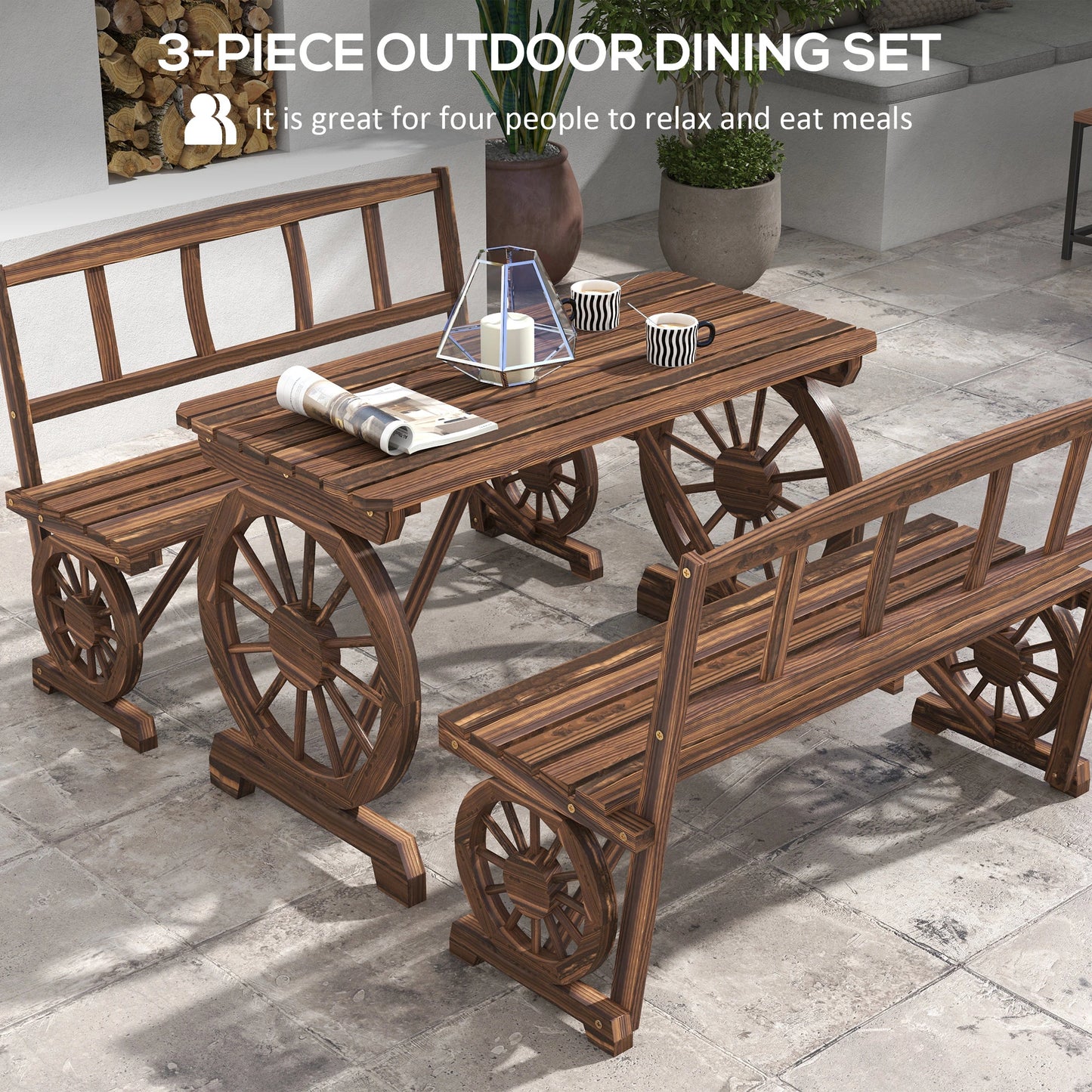 Wooden Patio Table and Chairs, 3-Piece, Carriage Wheels, Carbonized Bistro Sets at Gallery Canada
