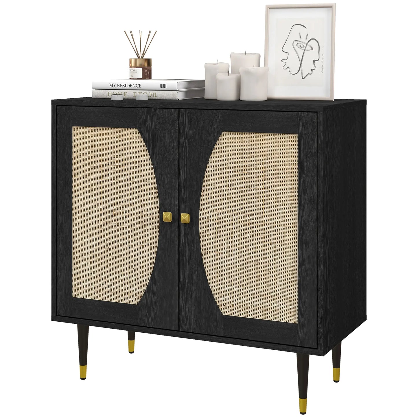 Boho Buffet Cabinet, Adjustable Shelf, Rattan Doors, 42 Inches, Black Kitchen Pantry Cabinets Black, Natural at Gallery Canada