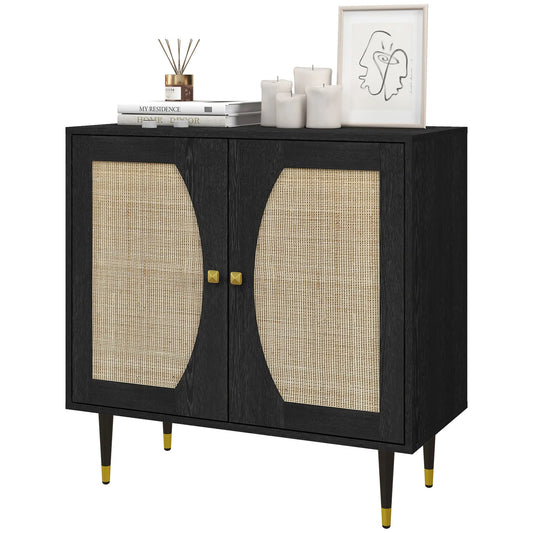 Buffet Boho, Étagère Réglable, Portes en Rotin, 42 Pouces, Noir