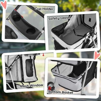 4 Wheel Dog Pet Stroller Dog Cat Carrier Folding Sunshade Canopy with Brake, Safety Leash, Cup Holder, Grey Dog Bike Trailers & Strollers at Gallery Canada