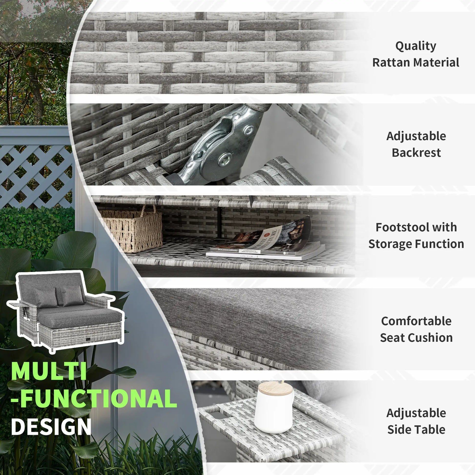 2 Piece Rattan Outdoor Daybed, 2 Seater Sofa Set with Footstool, Grey Patio Furniture Sets at Gallery Canada