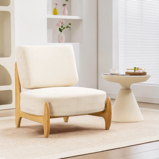 Accent Chair, Rubber Wood Frame, Wide Seat, Modern Chenille, Thick Cushion, Cream White Accent Chairs Cream White, Natural at Gallery Canada