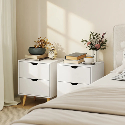 White Nightstand Set Of 2, 2 Drawers With Pine Wood Legs, White